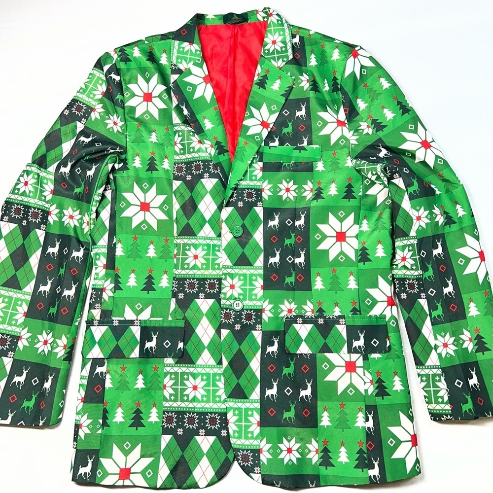 Men's Christmas Blazer Ugly X-Mas Holiday Print Outfit Suit Jacket size M
